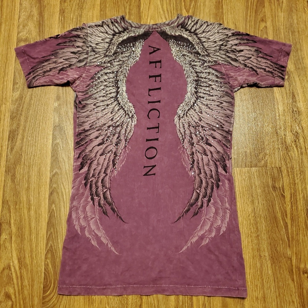 Vtg Affliction Shirt Women Large Purple V-Neck Big Angel Wings Rhinestone Y2K